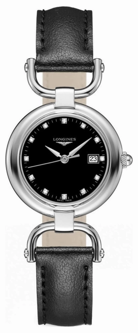 Longines Equestrian Stainless Steel Black Dial Black Leather Strap Diamonds Date Quartz Womens Watch L6.131.4.57.0 Women??s luxury watches Affordable women watches