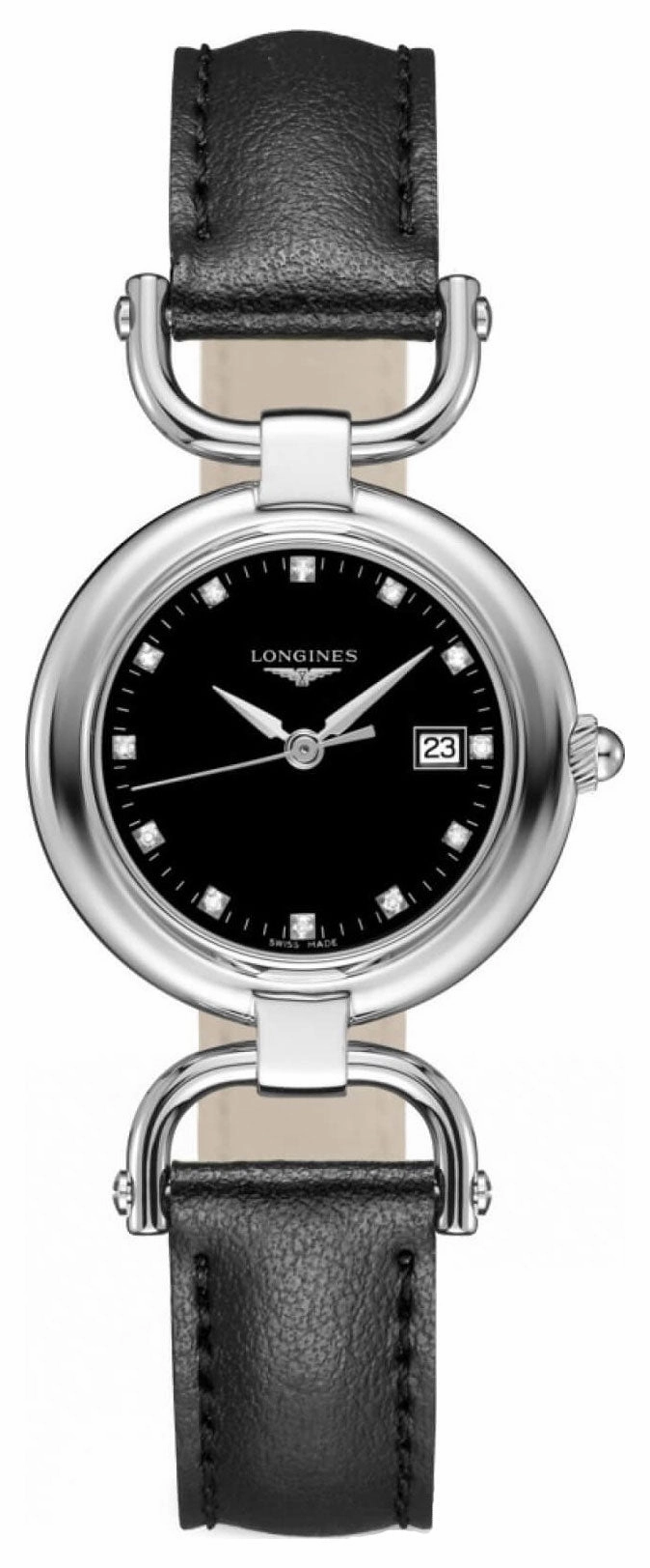 Longines Equestrian Stainless Steel Black Dial Black Leather Strap Diamonds Date Quartz Womens Watch L6.131.4.57.0 Women??s luxury watches Affordable women watches