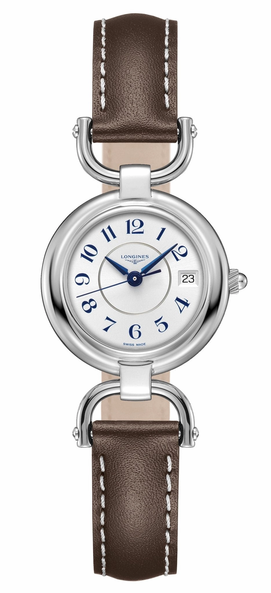Longines Equestrian Stainless Steel Brown Leather Strap Silver-Tone Dial Date Quartz Womens Watch L6.130.4.73.2 Women??s luxury watches Affordable women watches