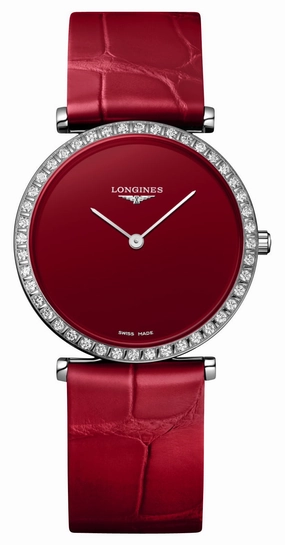 Longines La Grande Classique Monochrome Stainless Steel Red Dial Red Leather Strap Diamonds Quartz Womens Watch L4.523.0.91.2 Women??s luxury watches Affordable women watches