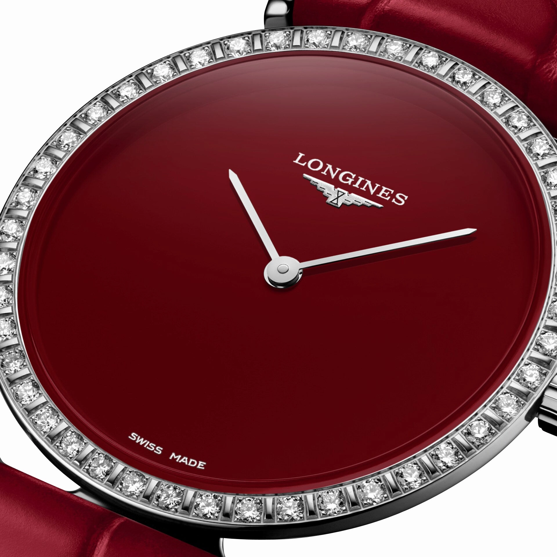 Longines La Grande Classique Monochrome Stainless Steel Red Dial Red Leather Strap Diamonds Quartz Womens Watch L4.523.0.91.2