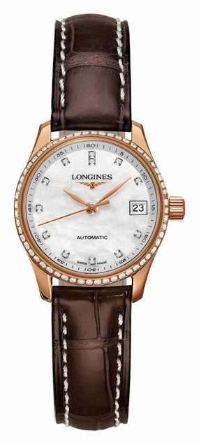 Longines Master Collection Automatic 18K Rose Gold Mother-Of-Pearl Dial Brown Leather Strap Diamonds Date Womens Watch L2.128.9.87.3 Women??s luxury watches Affordable women watches