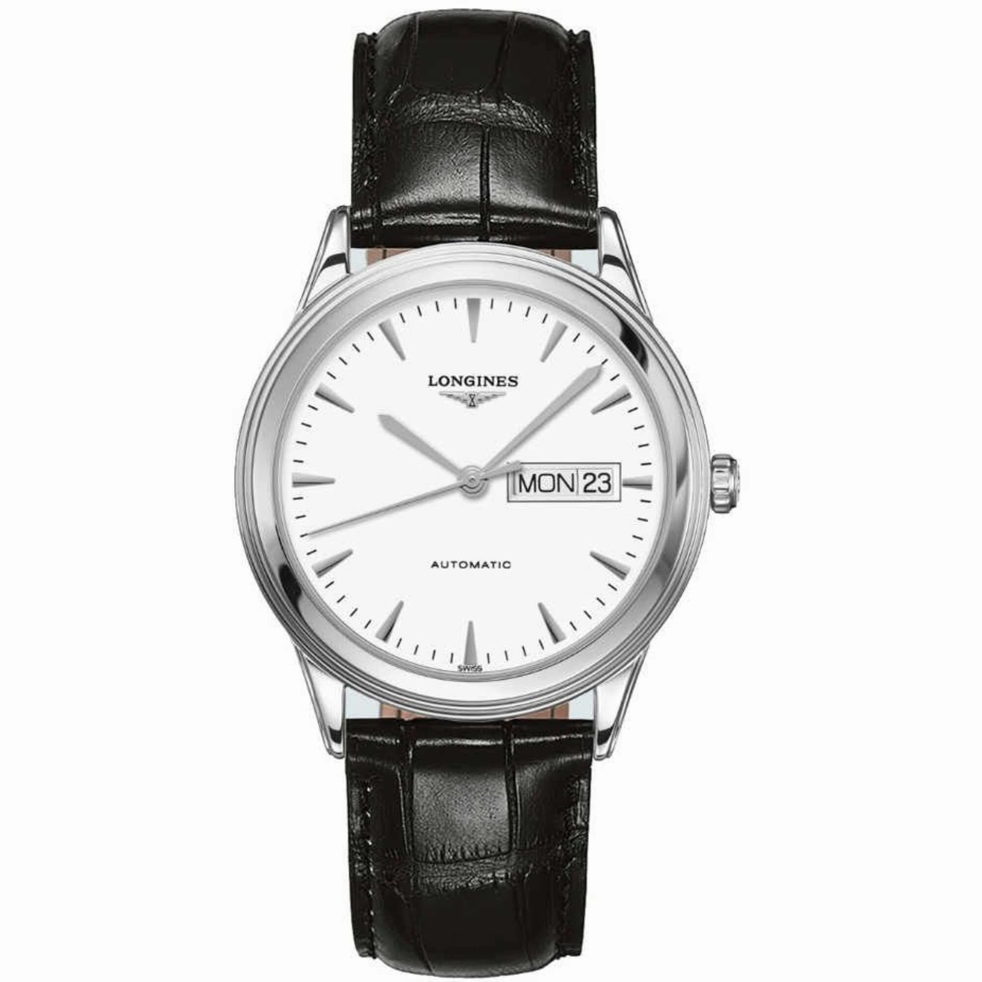 Longines Men's Watch - Flagship Automatic White Dial Black Leather Strap | L48994122 