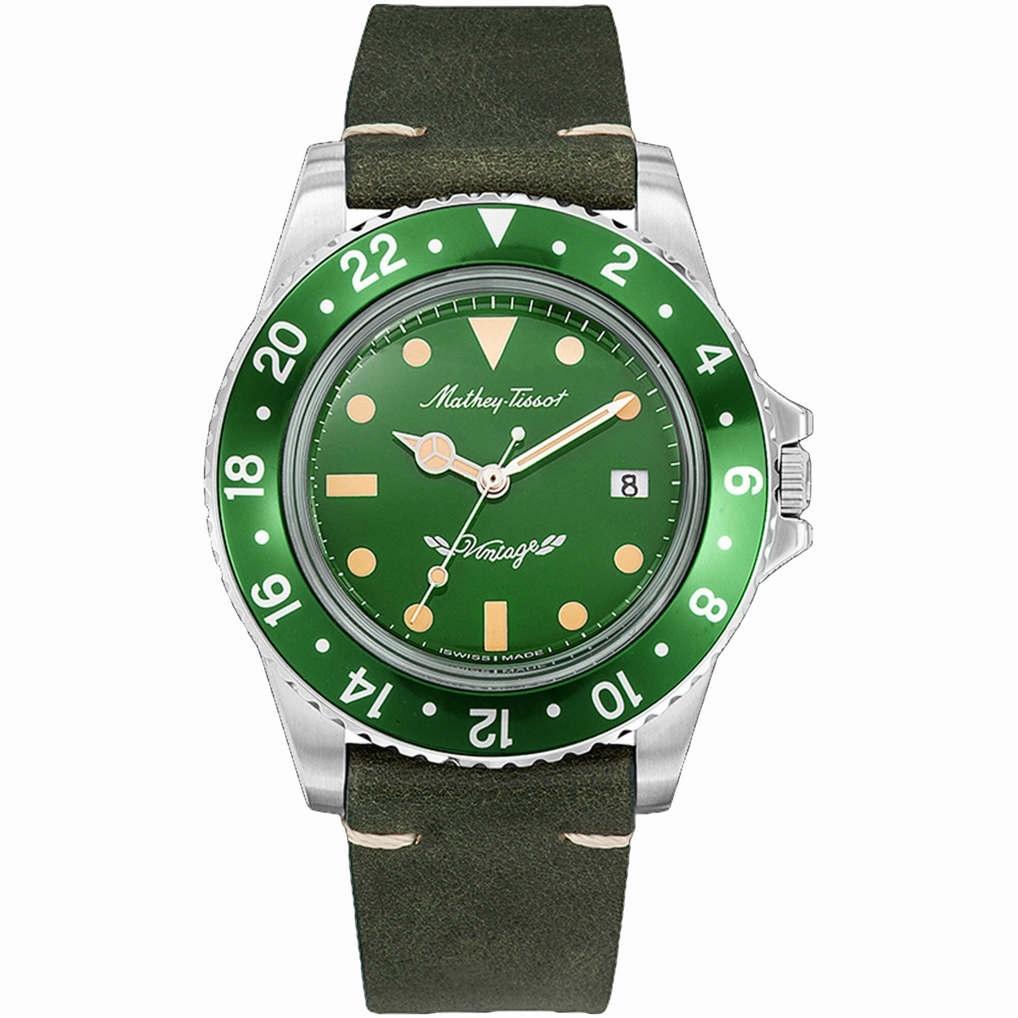 Mathey Tissot Men's Watch - Vintage Rotating Bezel Green Dial Leather Strap | H900ALV 