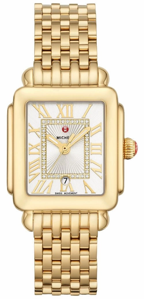 Michele Deco Madison Mid Gold Plated Steel Diamonds Silver Dial Date Rectangle Womens Watch MWW06G000014 Women??s luxury watches Affordable women watches