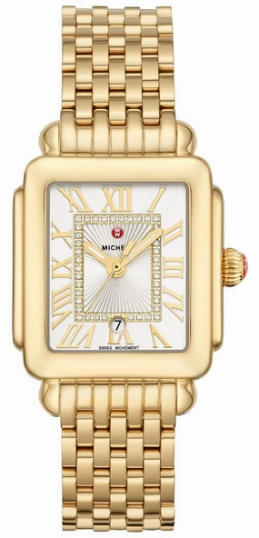 Michele Deco Madison Mid Gold Plated Steel Diamonds Silver Dial Date Rectangle Womens Watch MWW06G000014 Women??s luxury watches Affordable women watches
