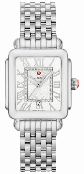 Michele Deco Madison Mid Stainless Steel Diamonds Silver Dial Date Rectangle Womens Watch MWW06G000012 Women??s luxury watches Affordable women watches