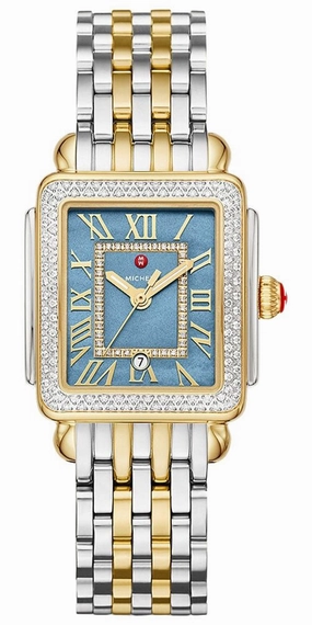 Michele Deco Madison Mid Two-Tone Steel Diamonds Blue Mother-of-Pearl Dial Rectangle Womens Watch MWW06G000036 Women??s luxury watches Affordable women watches
