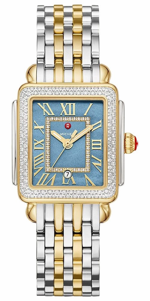 Michele Deco Madison Mid Two-Tone Steel Diamonds Blue Mother-of-Pearl Dial Rectangle Womens Watch MWW06G000036 Women??s luxury watches Affordable women watches