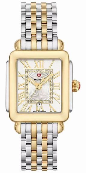 Michele Deco Madison Mid Two-Tone Steel Diamonds Silver Dial Date Rectangle Womens Watch MWW06G000013 Women??s luxury watches Affordable women watches