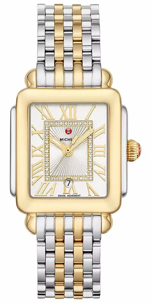 Michele Deco Madison Mid Two-Tone Steel Diamonds Silver Dial Date Rectangle Womens Watch MWW06G000013 Women??s luxury watches Affordable women watches