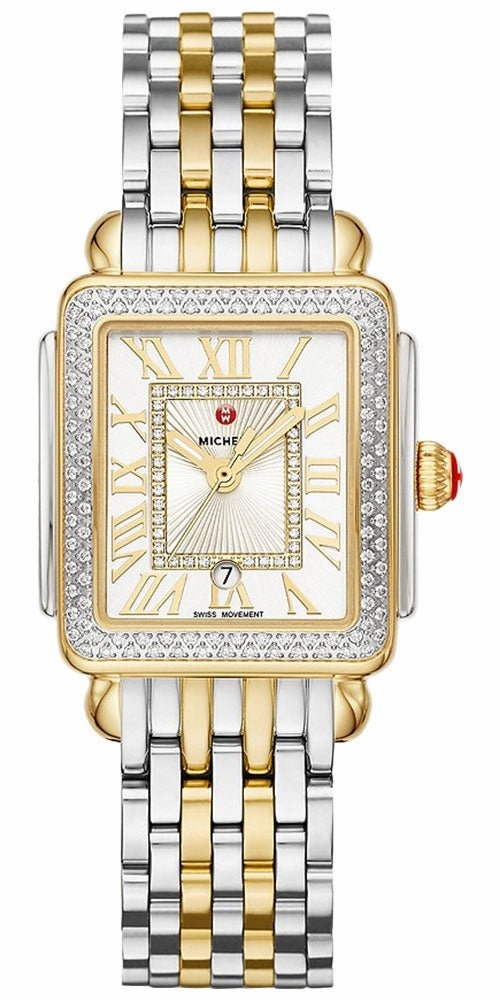 Michele Deco Madison Mid Two-Tone Steel Diamonds Silver Dial Rectangle Womens Watch MWW06G000002 Women??s luxury watches Affordable women watches