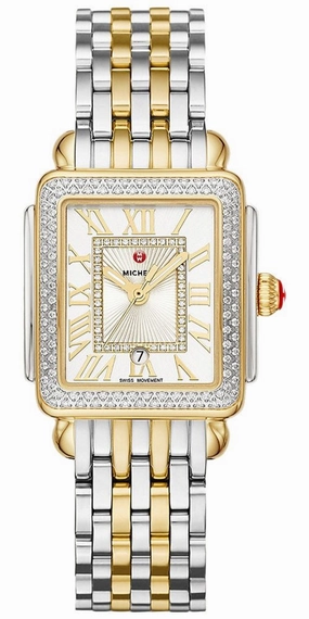 Michele Deco Madison Mid Two-Tone Steel Diamonds Silver Dial Rectangle Womens Watch MWW06G000002 Women??s luxury watches Affordable women watches