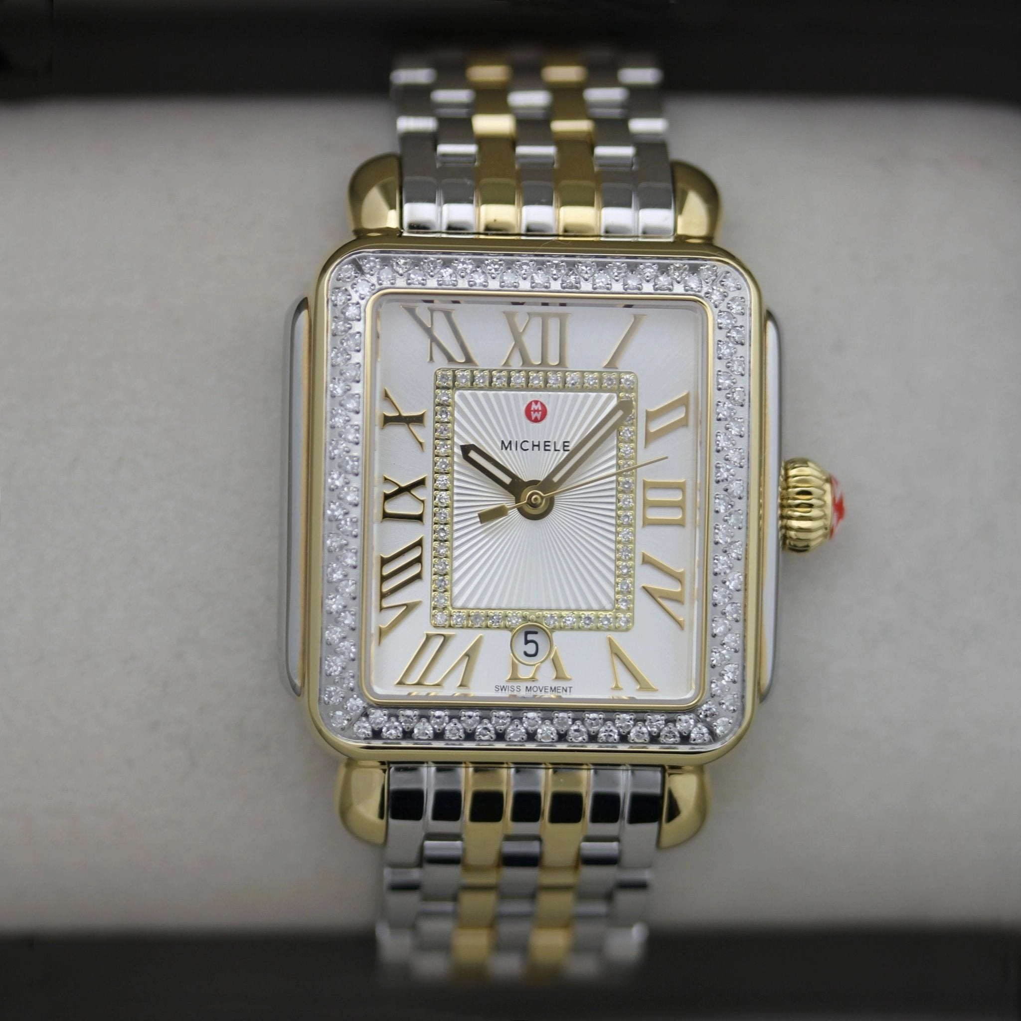 Michele Deco Madison Two-Tone Steel Diamonds Silver Dial Date Rectangle Womens Watch MWW06T000144 Women??s luxury watches Affordable women watches
