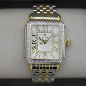 Michele Deco Madison Two-Tone Steel Diamonds Silver Dial Date Rectangle Womens Watch MWW06T000144 Women??s luxury watches Affordable women watches