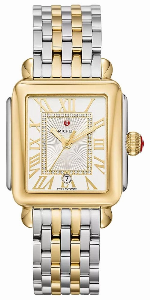 Michele Deco Madison Two-Tone Steel Diamonds Silver Dial Date Rectangle Womens Watch MWW06T000147 Women??s luxury watches Affordable women watches