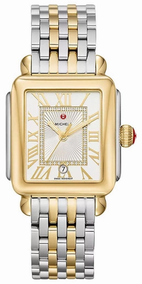 Michele Deco Madison Two-Tone Steel Diamonds Silver Dial Date Rectangle Womens Watch MWW06T000147 Women??s luxury watches Affordable women watches