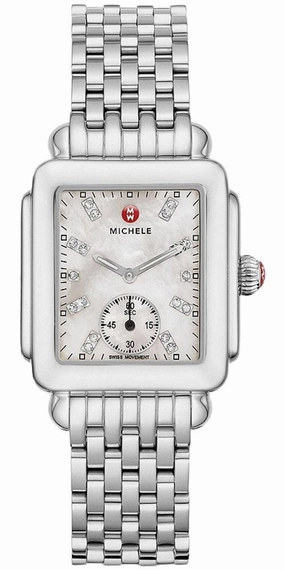 Michele Deco Mid Stainless Steel Mother-of-Pearl Dial Diamond Rectangle Womens Watch MWW06V000002 Women??s luxury watches Affordable women watches