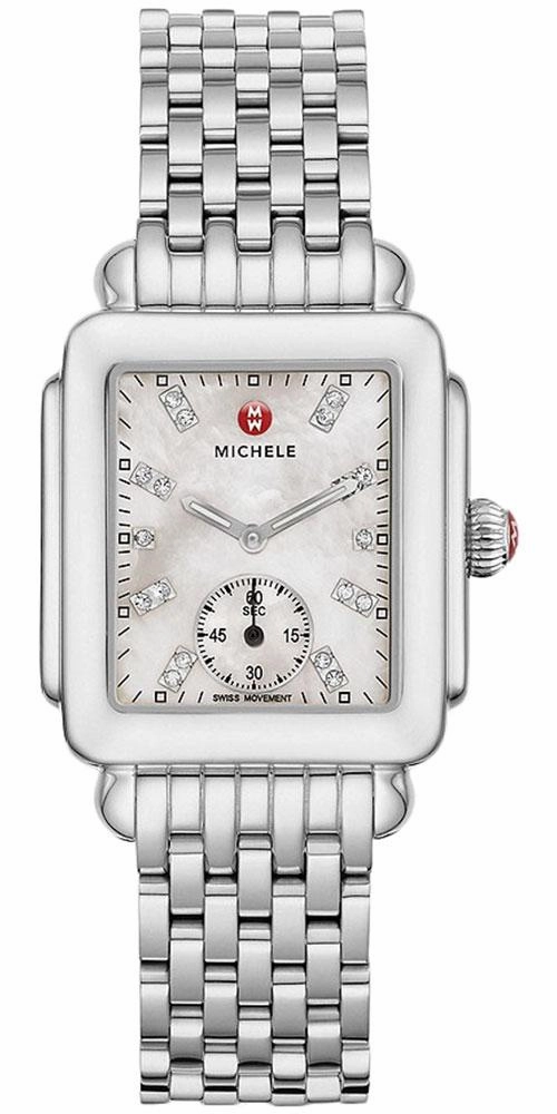 Michele Deco Mid Stainless Steel Mother-of-Pearl Dial Diamond Rectangle Womens Watch MWW06V000002 Women??s luxury watches Affordable women watches