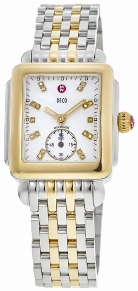 Michele Deco Mid Two-Tone Steel Diamond Mother of Pearl Dial Rectangle Womens Watch MWW06V000042 Women??s luxury watches Affordable women watches