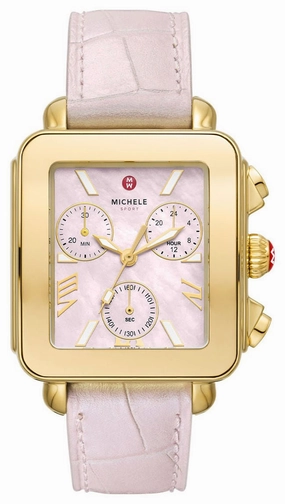 Michele Deco Sport Chronograph Pink Mother-of-Pearl Rectangle Dial Pink Leather Women's Watch MWW06K000068 Women??s luxury watches Affordable women watches