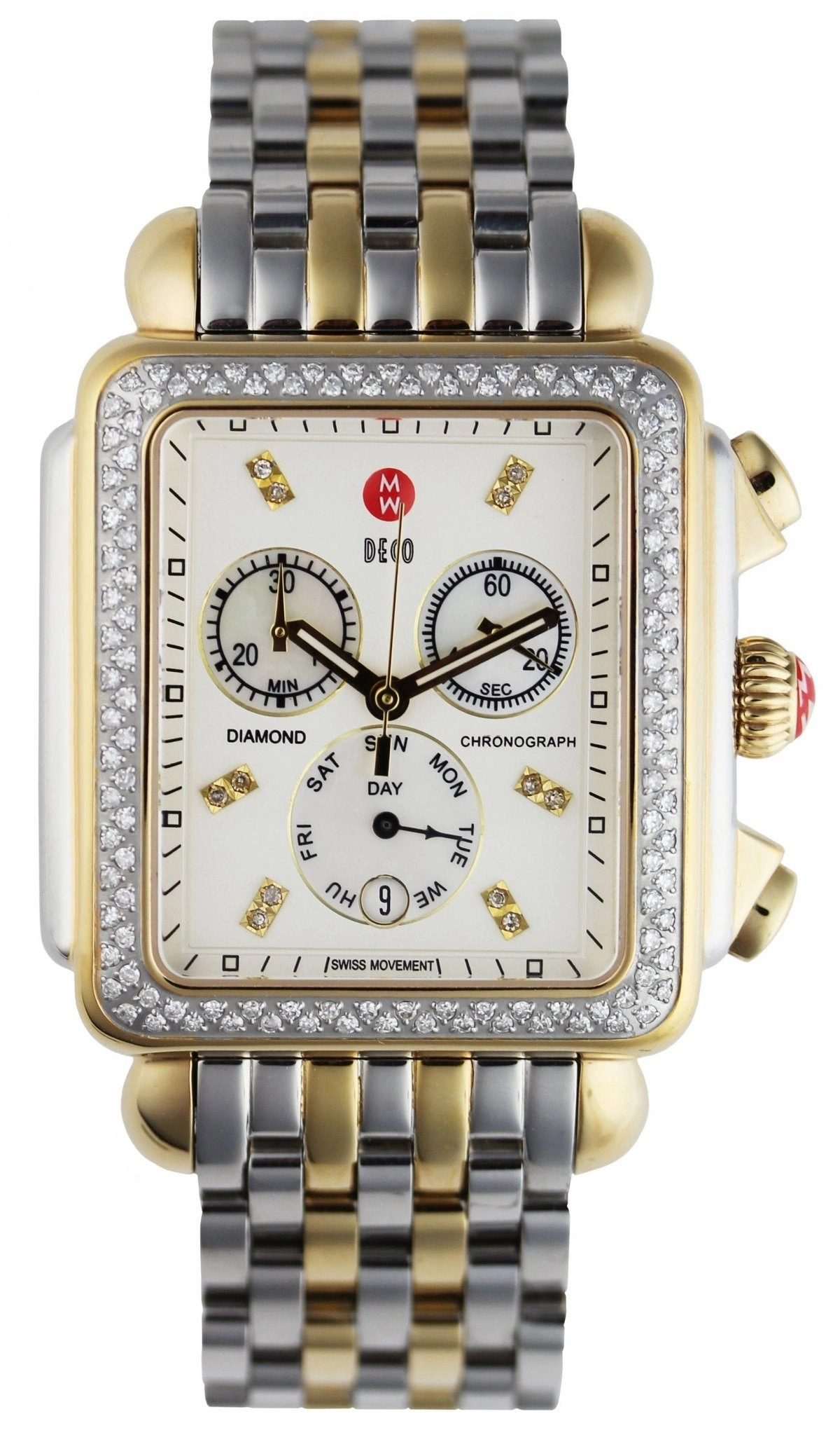 Michele Deco XL Diamond Chronograph Day/Date Two-Tone Stainless Steel Womens Watch MWW06Z000013 Women??s luxury watches Affordable women watches