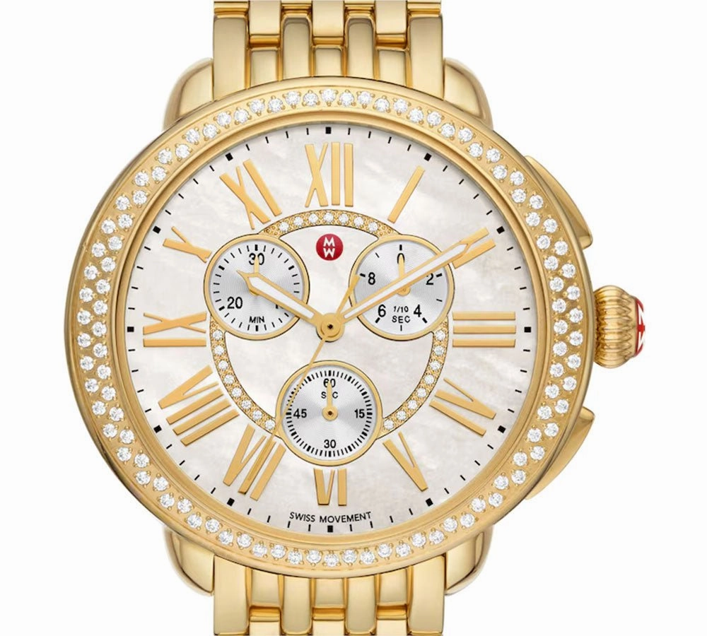 Michele Serein Chronograph Diamonds Mother-of-Pearl Dial 18K Gold-Plated Steel Womens Watch MWW21A000070