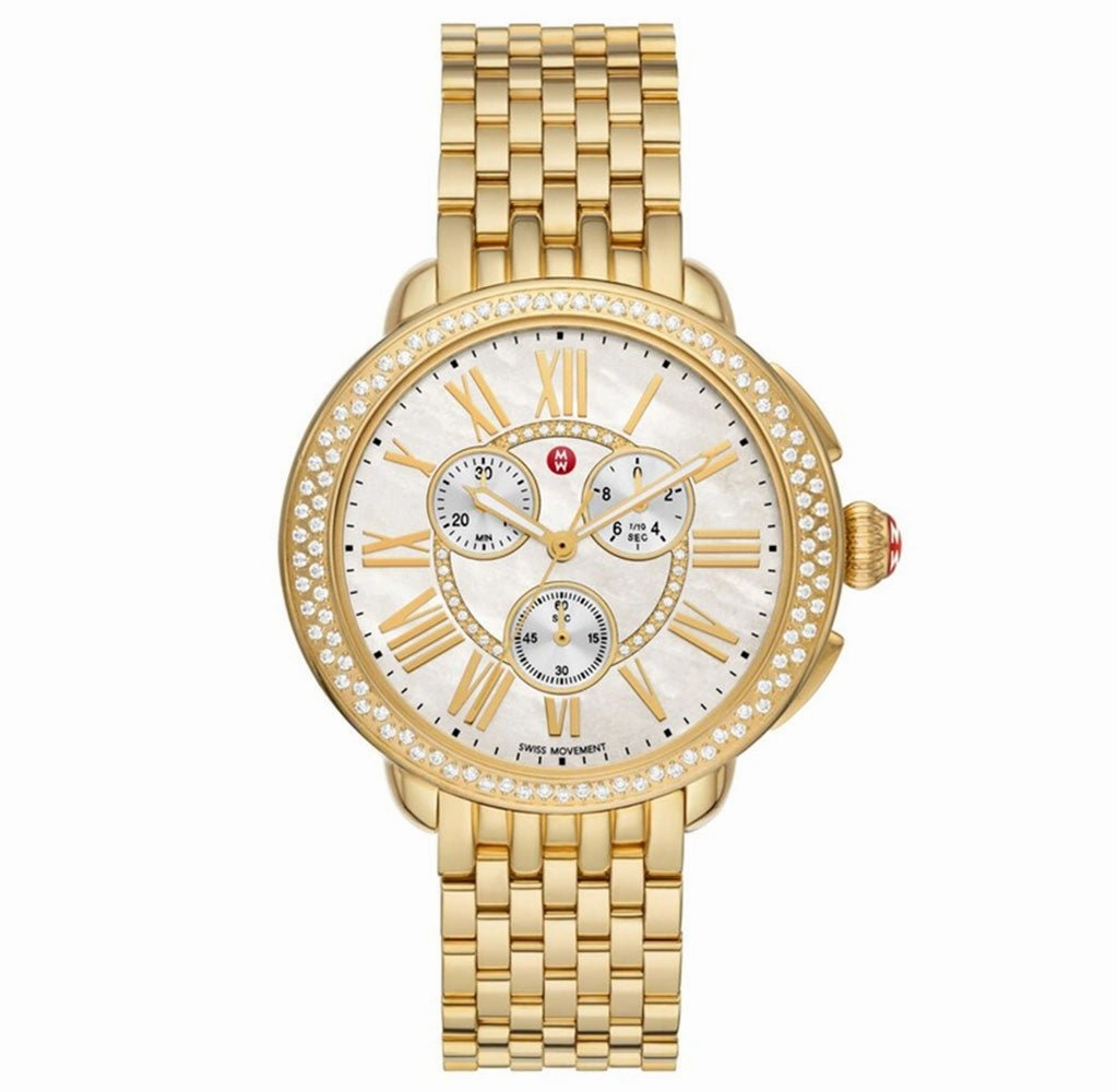 Michele Serein Chronograph Diamonds Mother-of-Pearl Dial 18K Gold-Plated Steel Womens Watch MWW21A000070 Women??s luxury watches Affordable women watches