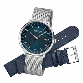 Mondaine Doppio Blue Dial Mesh Blue Vegan Leather Watch MLE.41240.LQV.SET,quartz watch, quartz watches for men, quartz watches for women, best quartz watch, minimalist quartz watch, luxury quartz watch, waterproof quartz watch,analog quartz watch, digital 