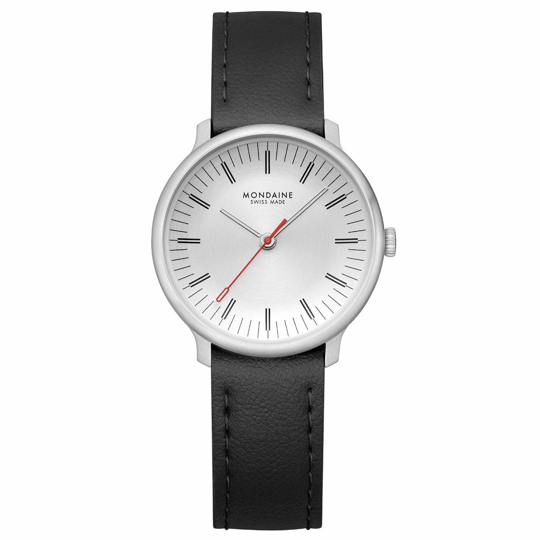 Mondaine Doppio White Dial Black Vegan Grape Leather Watch MLE.33110.LBV