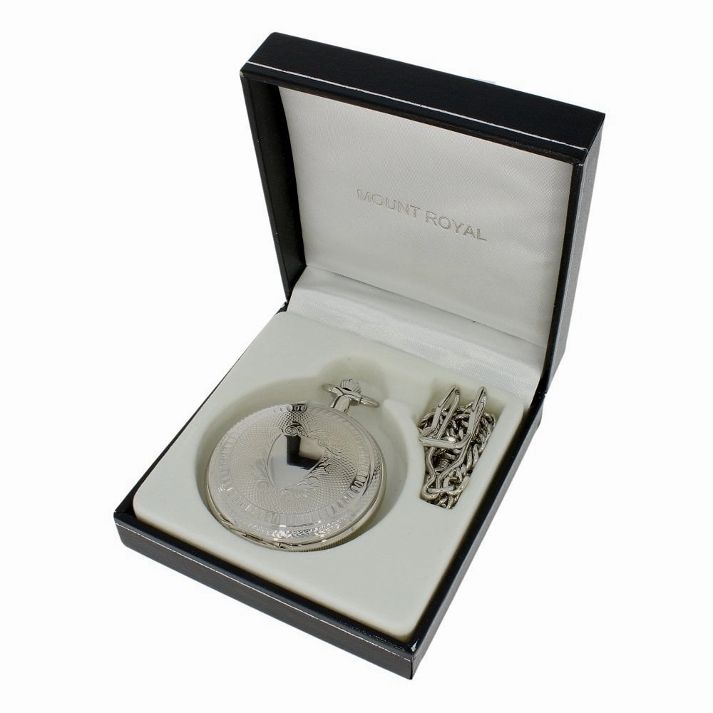 Mount Royal Chrome Plated Full Hunter Skeleton Dial Mechanical Pocket Watch MR-B22