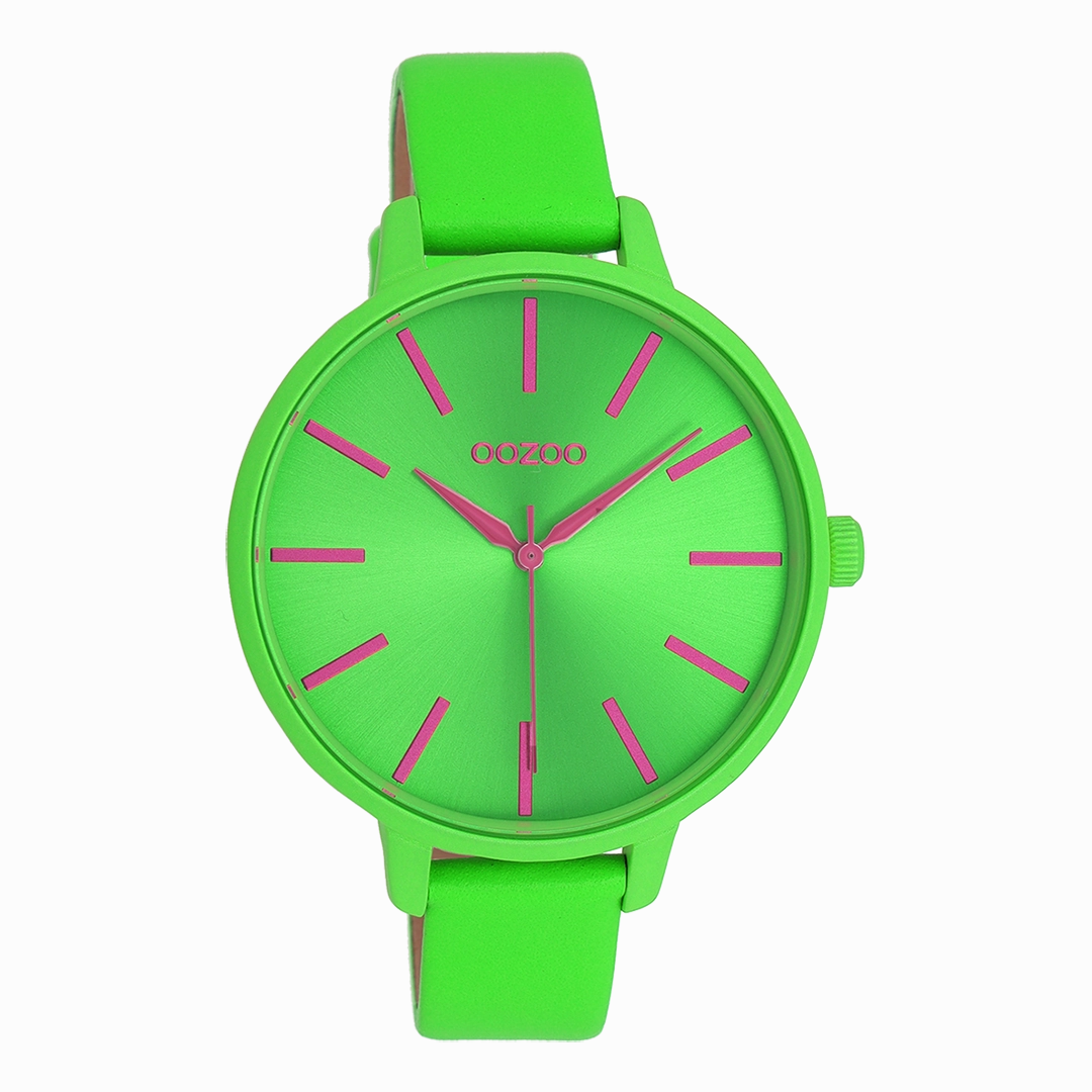 Neon green OOZOO watch with leather strap - C11183,seiko watches,couple watches,watches designer,watches discount,women watches,best women watches,high end women's watches,high quality women's watches