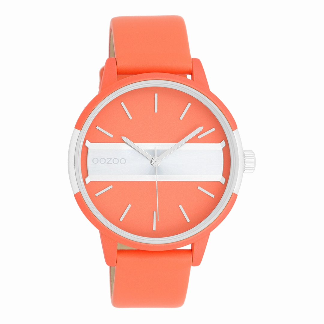 Neon red/gold coloured OOZOO watch with neon orange leather strap - C11190,seiko watches,couple watches,watches designer,watches discount,women watches,best women watches,high end women's watches,high quality women's watches