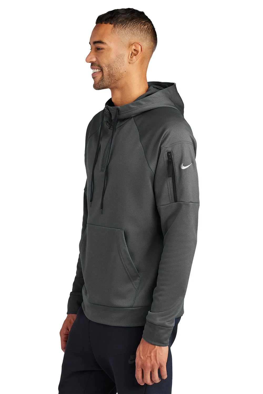Nike Mens Therma-Fit Fleece 1/4 Zip Hooded Sweatshirt Hoodie w/ Pouch Pocket - Anthracite Grey