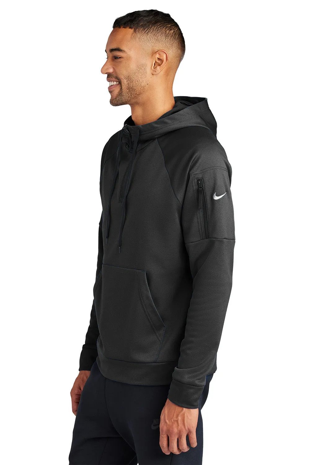 Nike Mens Therma-Fit Fleece 1/4 Zip Hooded Sweatshirt Hoodie w/ Pouch Pocket - Black