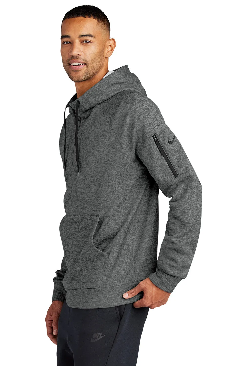 Nike Mens Therma-Fit Fleece 1/4 Zip Hooded Sweatshirt Hoodie w/ Pouch Pocket - Heather Charcoal Grey