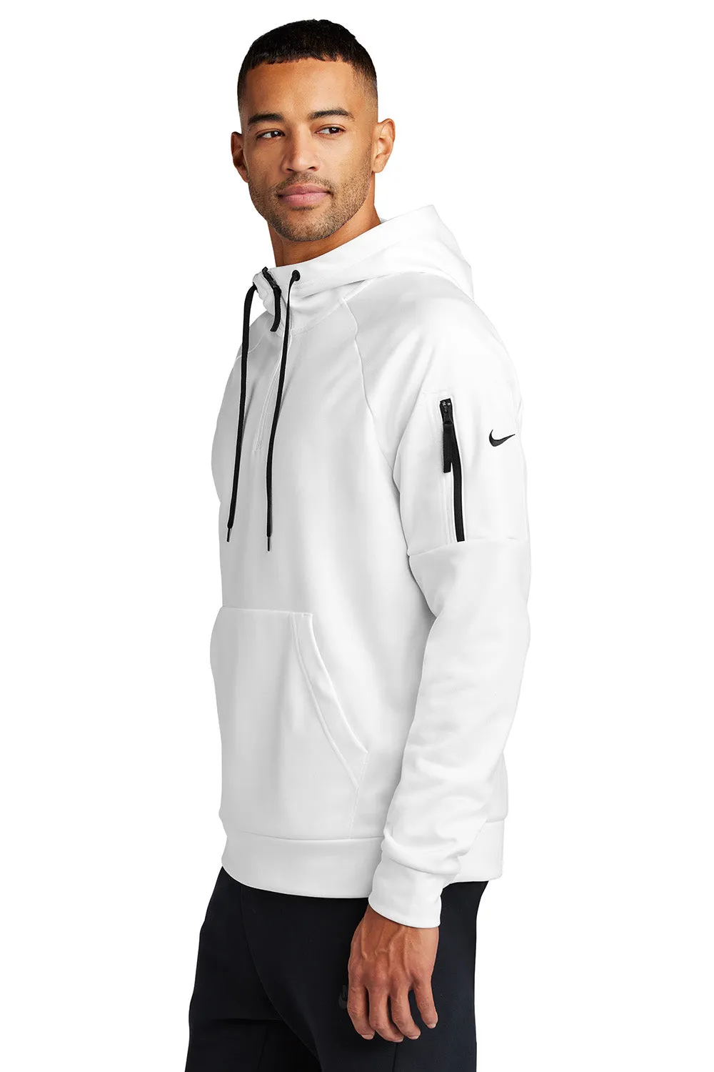 Nike Mens Therma-Fit Fleece 1/4 Zip Hooded Sweatshirt Hoodie w/ Pouch Pocket - White