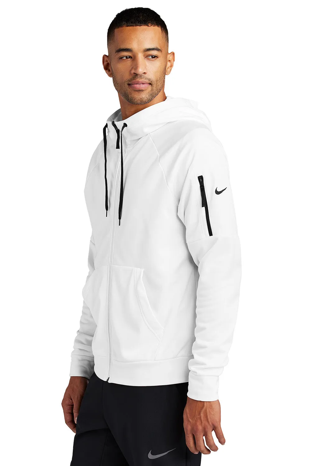 Nike Mens Therma-Fit Fleece Full Zip Hooded Sweatshirt Hoodie w/ Pockets - White