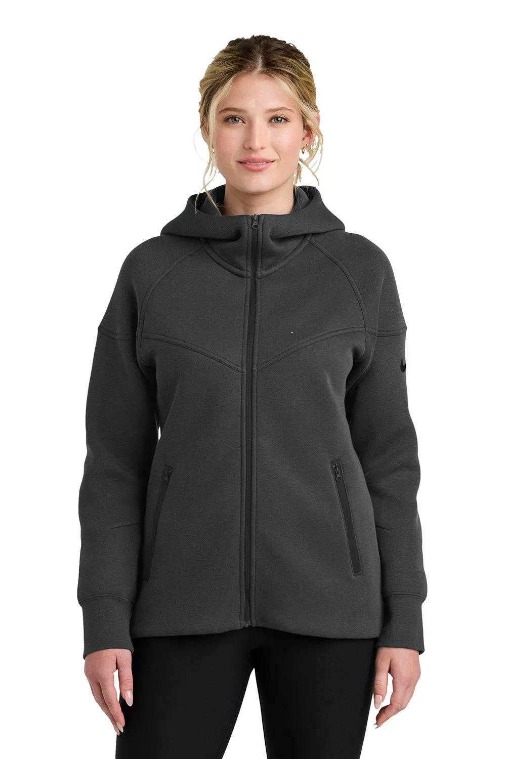 Nike Womens Tech Fleece Full Zip Hooded Sweatshirt Hoodie w/ Pockets - Heather Anthracite Grey