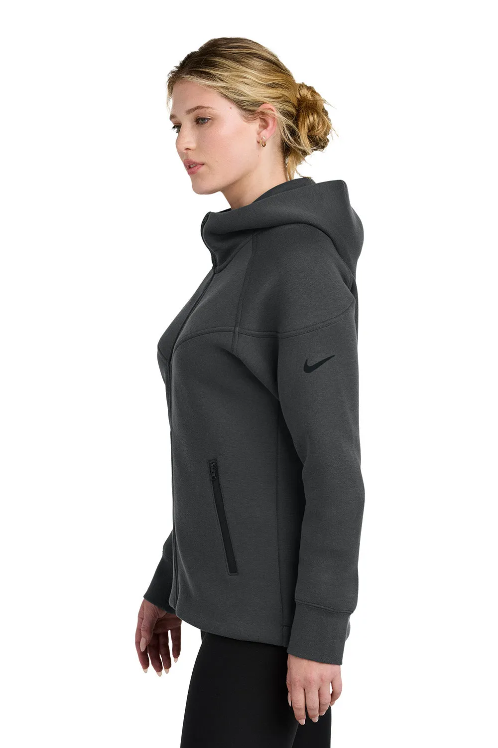 Nike Womens Tech Fleece Full Zip Hooded Sweatshirt Hoodie w/ Pockets - Heather Anthracite Grey