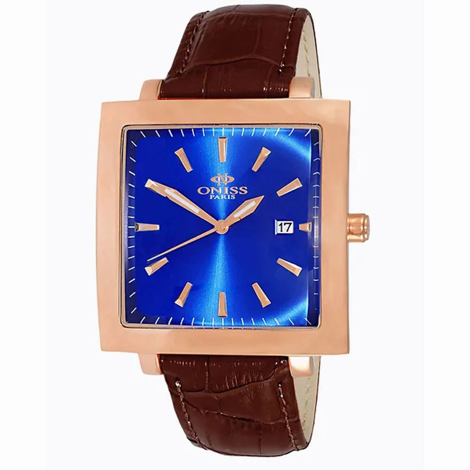 Oniss Men's Watch - Quad Rose Gold Case Blue Dial Leather Strap | ON4444-MRGBU 
