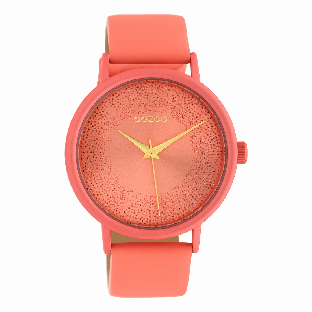 Peach pink OOZOO watch with leather strap - C10580,seiko watches,couple watches,watches designer,watches discount,women watches,best women watches,high end women's watches,high quality women's watches