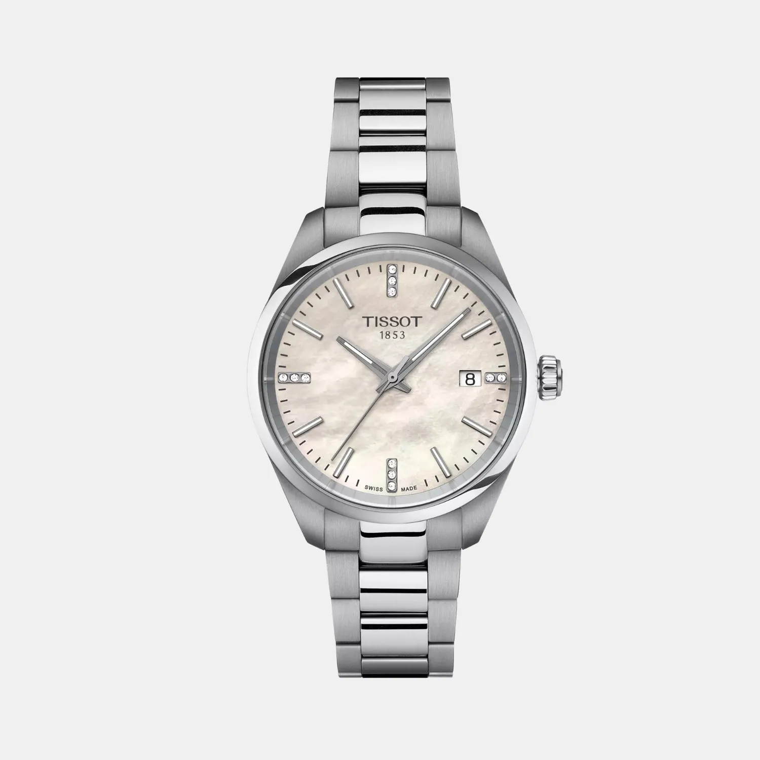 PR 100 Women Quartz White Mother Of Pearl Dial Analog Stainless Steel Watch T1502101111600 budget    watches    watches classic
