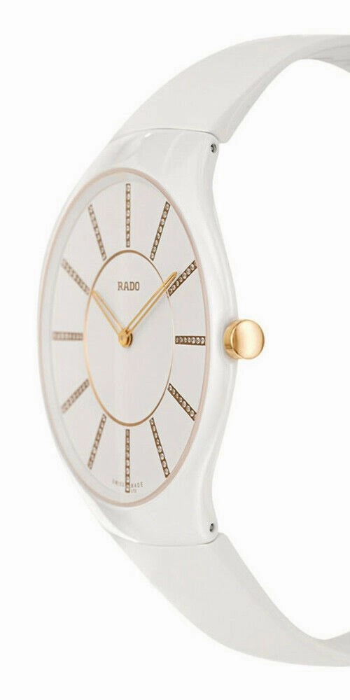 Rado True Thinline White Ceramic Womens Watch Pin Buckle Clasp Diamonds Quartz R27957709