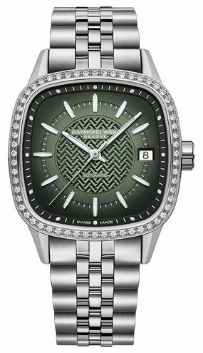 Raymond Weil Freelancer Automatic Stainless Steel Green Dial Date Diamonds Womens Watch 2490-STS-52051 Women??s luxury watches Affordable women watches