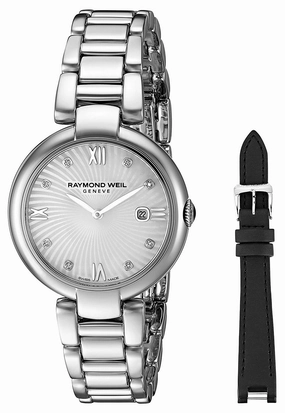 Raymond Weil Shine Stainless Steel Diamonds Mother-of-Pearl Dial Interchangeable Black Satin Strap Date Quartz Womens Watch 1600-ST-00995 Women??s luxury watches Affordable women watches