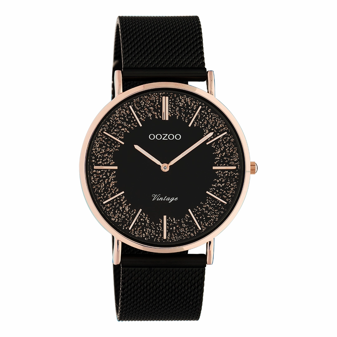 Rose gold coloured OOZOO watch with black metal mesh bracelet - C20142,seiko watches,couple watches,watches designer,watches discount,women watches,best women watches,high end women's watches,high quality women's watches