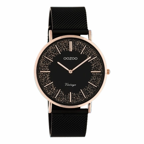Rose gold coloured OOZOO watch with black metal mesh bracelet - C20142,seiko watches,couple watches,watches designer,watches discount,women watches,best women watches,high end women's watches,high quality women's watches