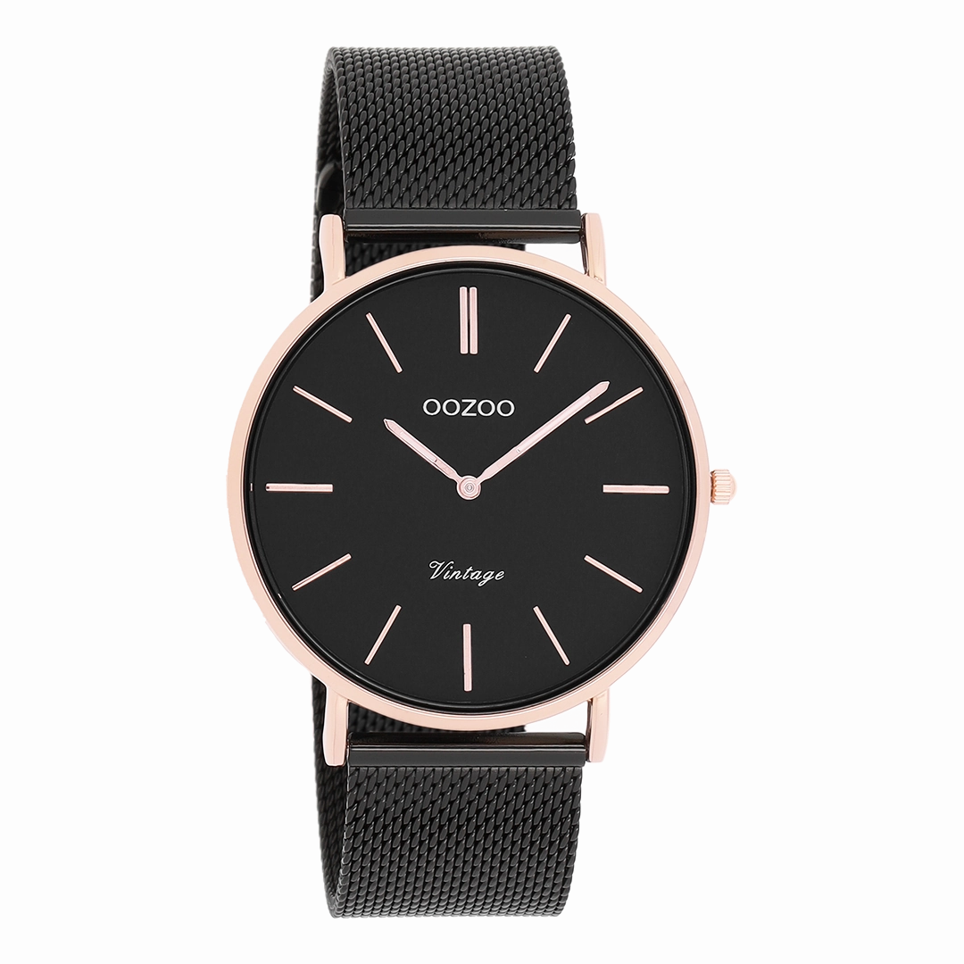 Rose gold coloured OOZOO watch with black metal mesh bracelet - C8869,seiko watches,mens watches,couple watches,watches designer,watches discount,best watches for men