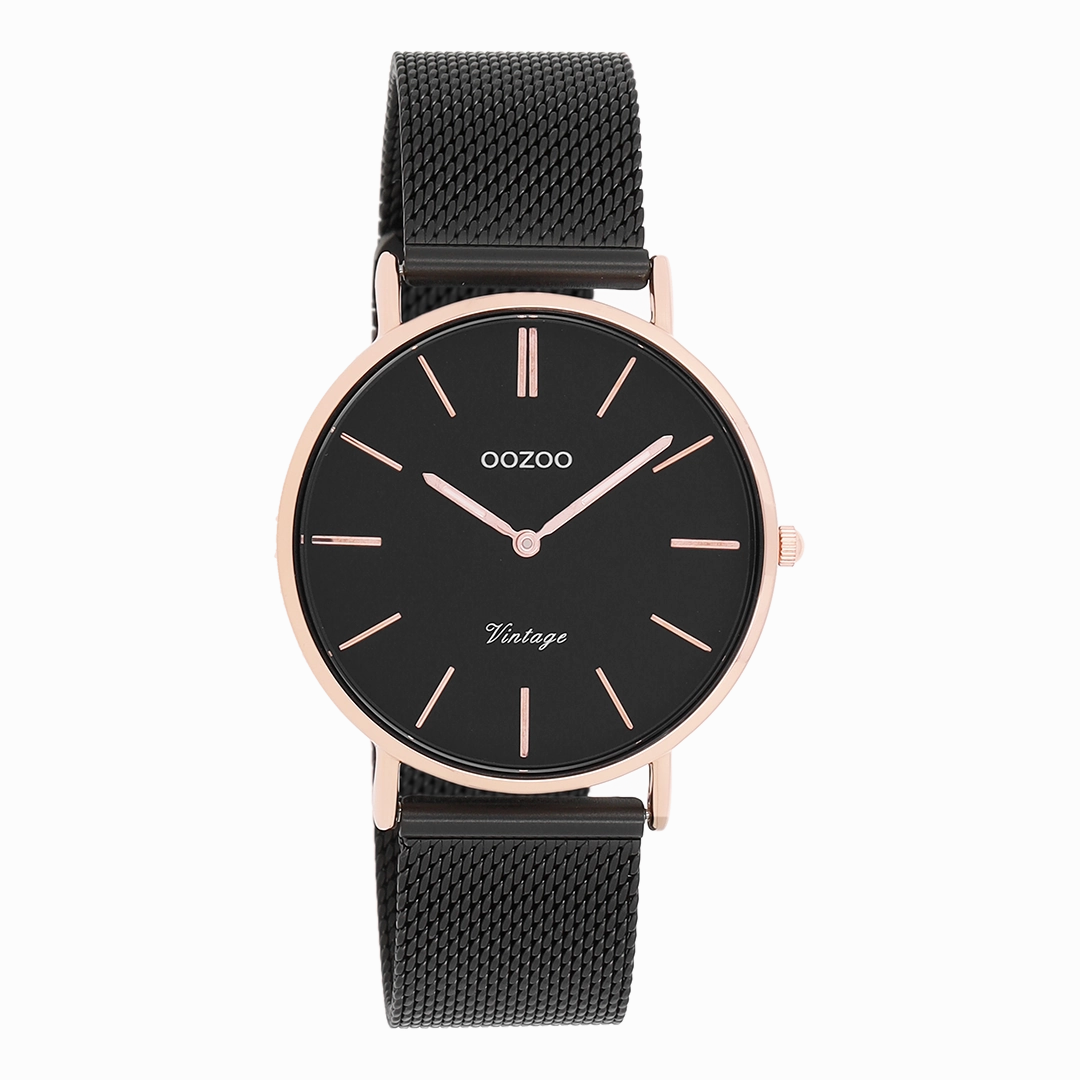 Rose gold coloured OOZOO watch with black metal mesh bracelet - C8870,seiko watches,mens watches,couple watches,watches designer,watches discount,best watches for men